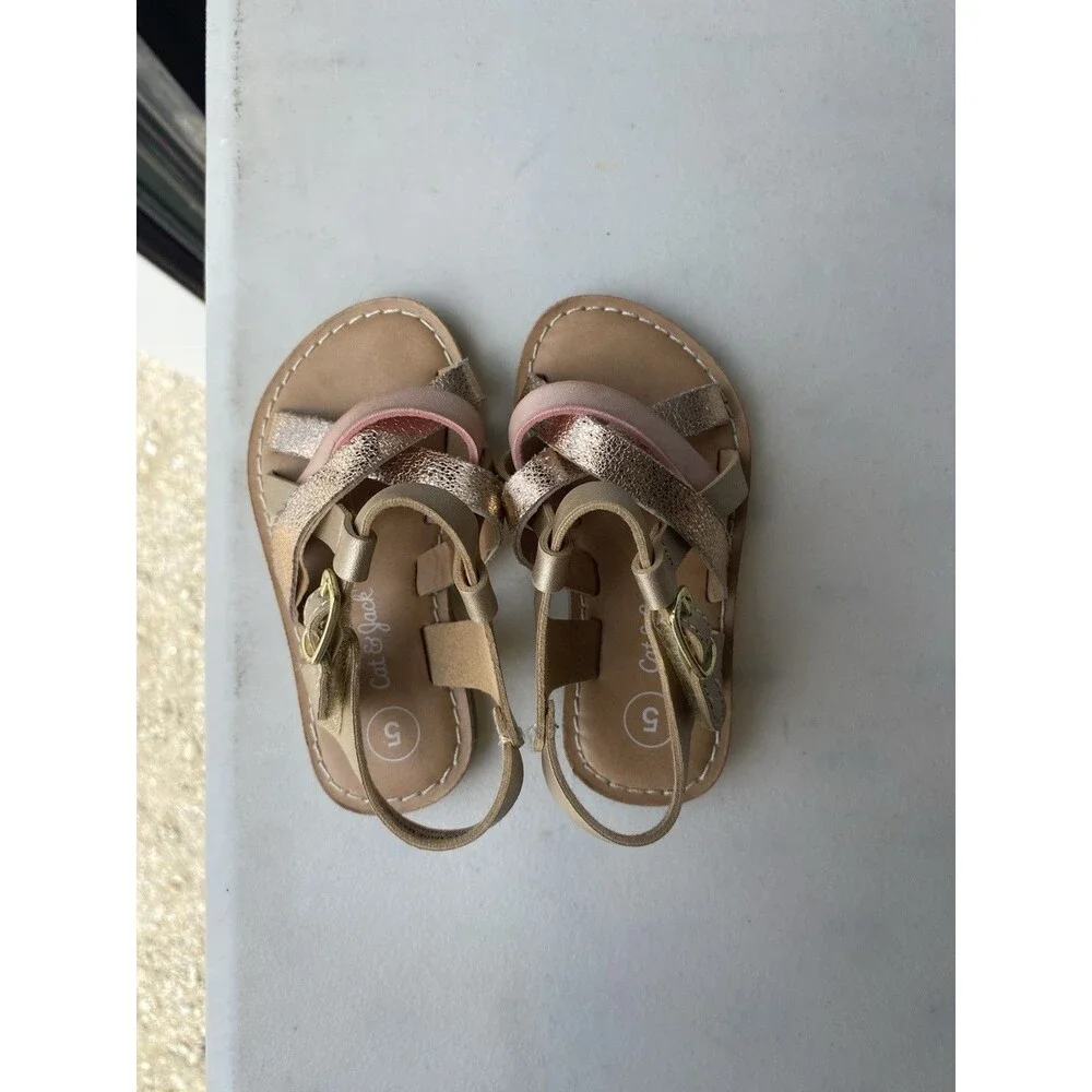 Cat & Jack Toddler Girls Strappy Sandals Size 5 Gold Pink Metallic Cross Strap
